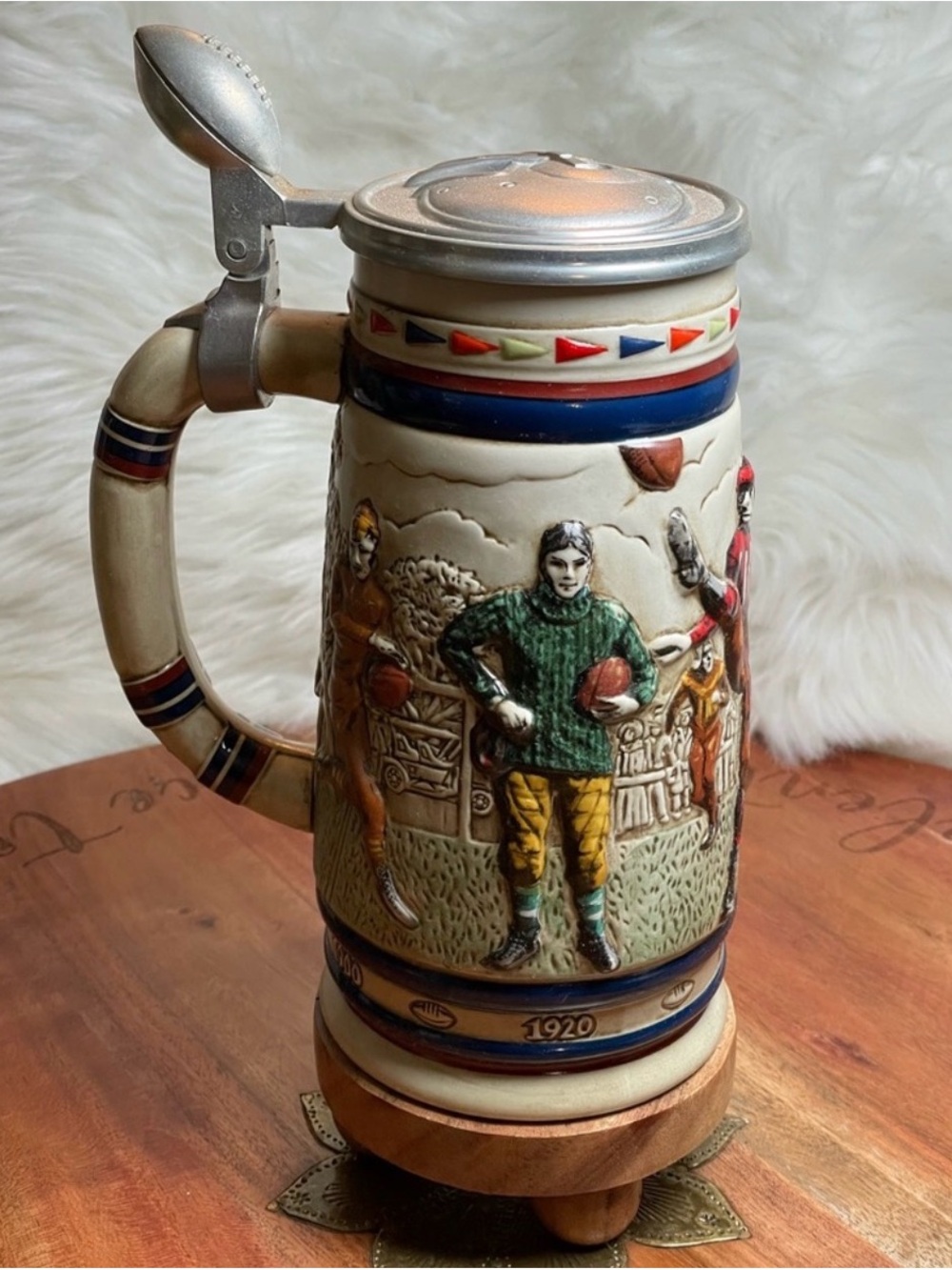 Avon Vibtage Ceramic Football Stein - Cream, Green & Blue Accents